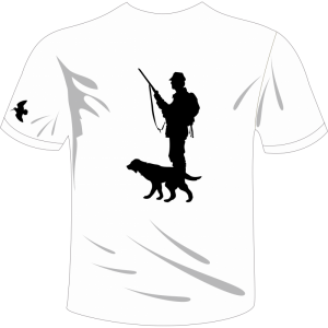 Camisea de caza con cazador y perro de muestra con arcea en la manga color blanco